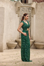 Load image into Gallery viewer, Deep shimmering green cut work gown
