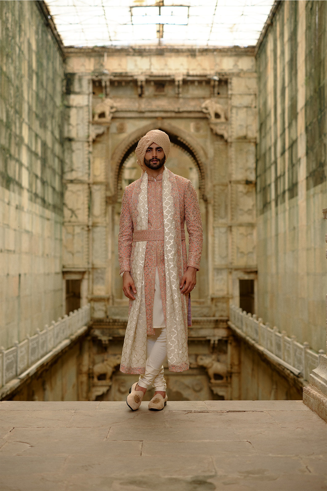 Pink Salmon Matka Sherwani With Beige Kurta Churidar Set