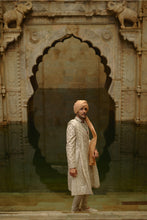 Load image into Gallery viewer, Ivory Tafetta Silk Dabka Jaal Sherwani Set
