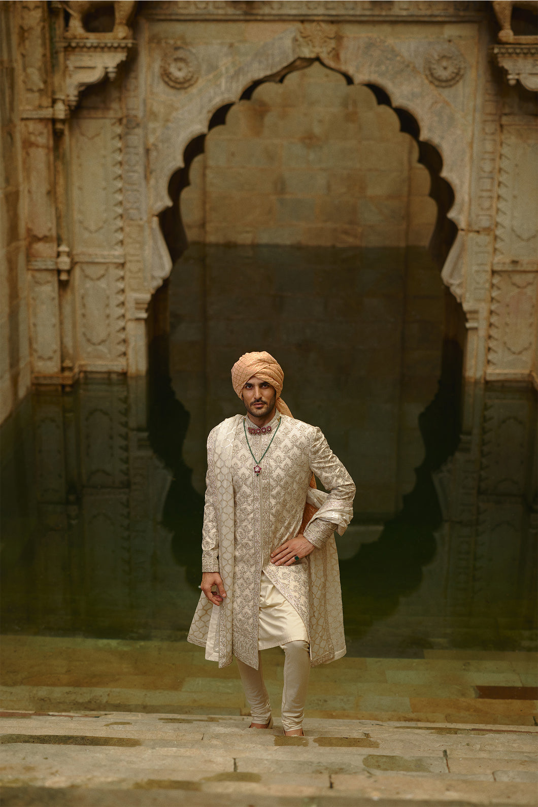 Ivory Tafetta Silk Dabka Jaal Sherwani Set