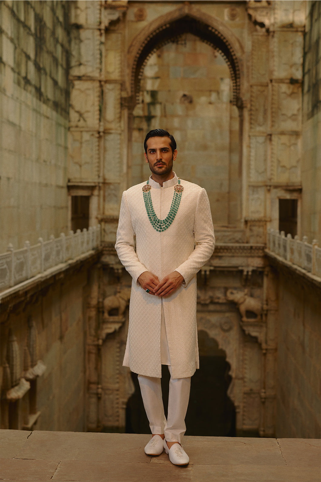Ivory All Over Geometric Embroidered Sherwani Set