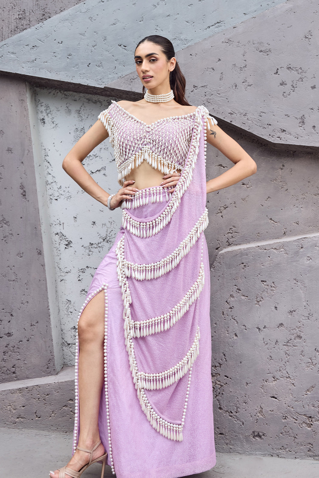 Lavender Pink Pearl tassel sari