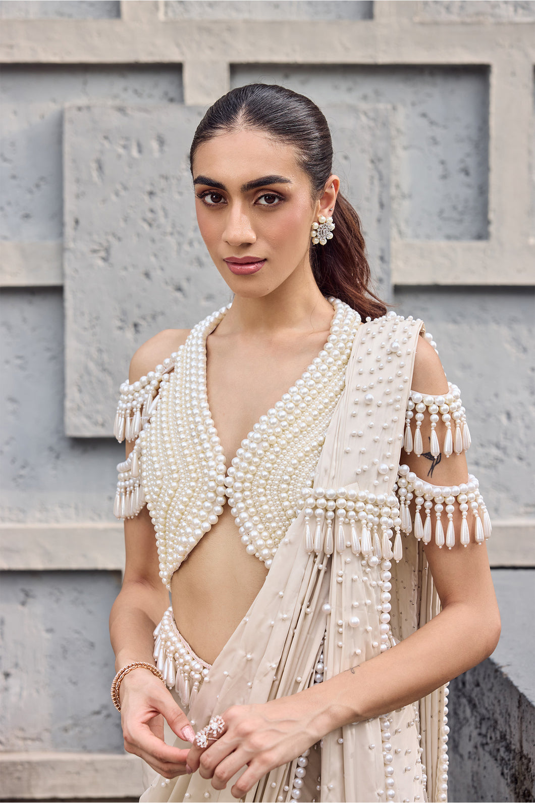 Ivory Satin Pearls, Tassels V-neck Hand Embroidered Pre-draped Saree Set