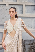 Load image into Gallery viewer, Ivory Satin Pearls, Tassels V-neck Hand Embroidered Pre-draped Saree Set
