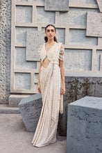 Load image into Gallery viewer, Ivory Satin Pearls, Tassels V-neck Hand Embroidered Pre-draped Saree Set
