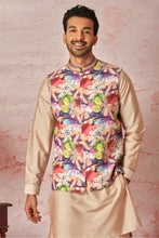 Load image into Gallery viewer, Peach Linen Bundi and Silk Kurta Set with Floral Print
