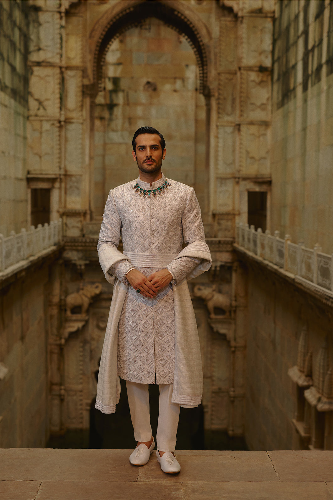 Grey Silver Embroidered Sherwani Set