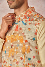 Load image into Gallery viewer, Cream Floral Embossed Linen Kurta Bundi Set
