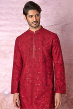 Load image into Gallery viewer, Red Radiance Chanderi Silk Kurta with Resham and Sequins, Cross Stitch Embroidery

