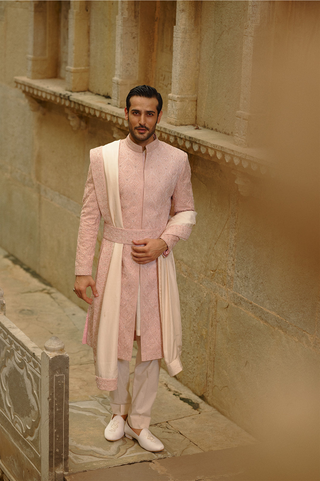 Blush Pink Tafetta Silk Sherwani Set