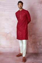 Load image into Gallery viewer, Red Radiance Chanderi Silk Kurta with Resham and Sequins, Cross Stitch Embroidery
