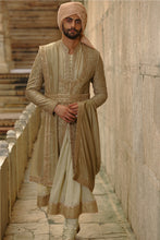 Load image into Gallery viewer, Olive Green Raw Silk Sherwani With Choga Set

