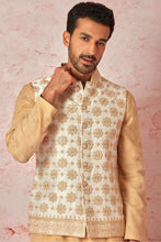 Load image into Gallery viewer, Cream Raw Silk Bundi with Beige Tussar Silk Kurta Set
