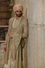 Load image into Gallery viewer, Olive Green Raw Silk Sherwani With Choga Set
