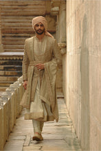 Load image into Gallery viewer, Olive Green Raw Silk Sherwani With Choga Set
