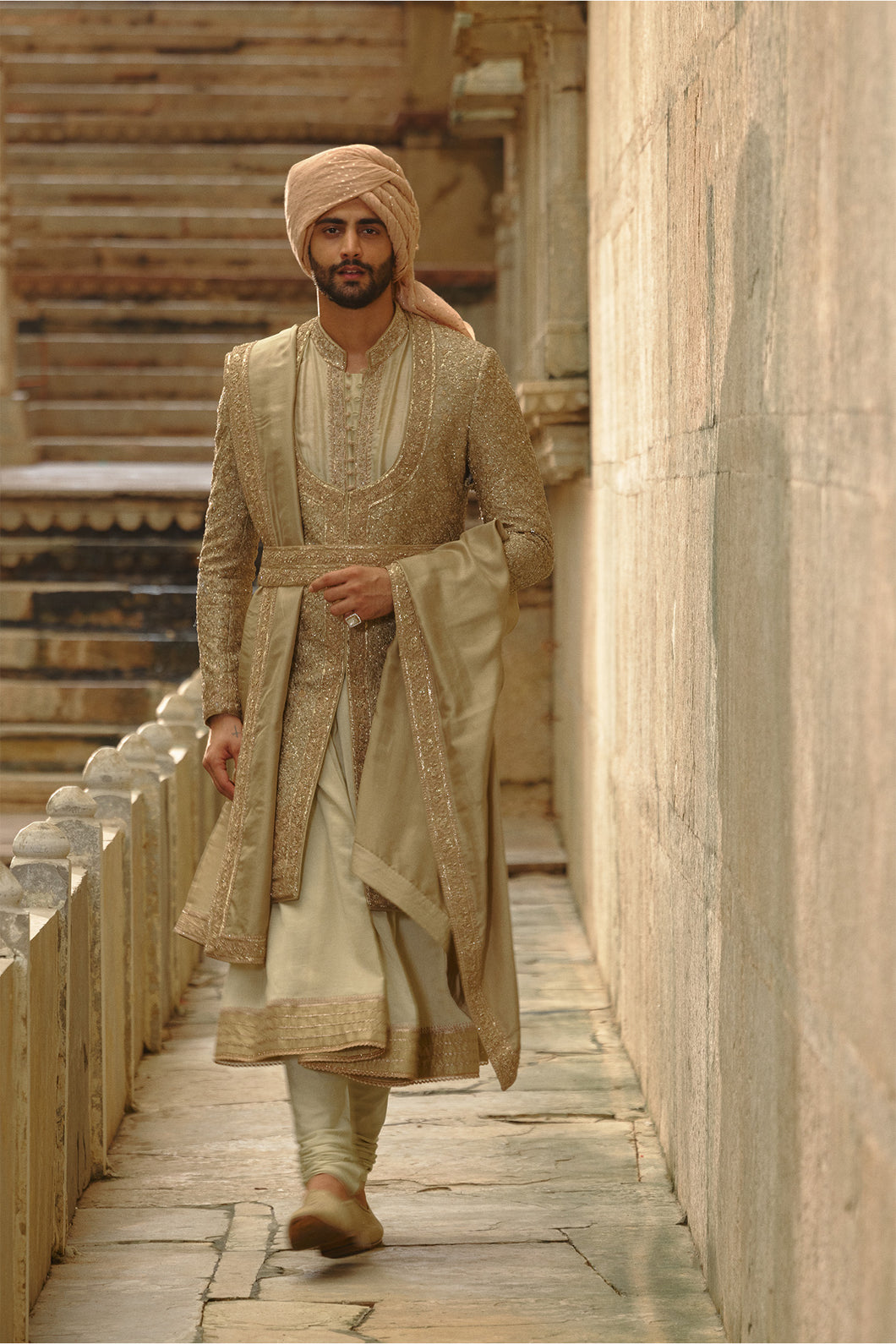 Olive Green Raw Silk Sherwani With Choga Set
