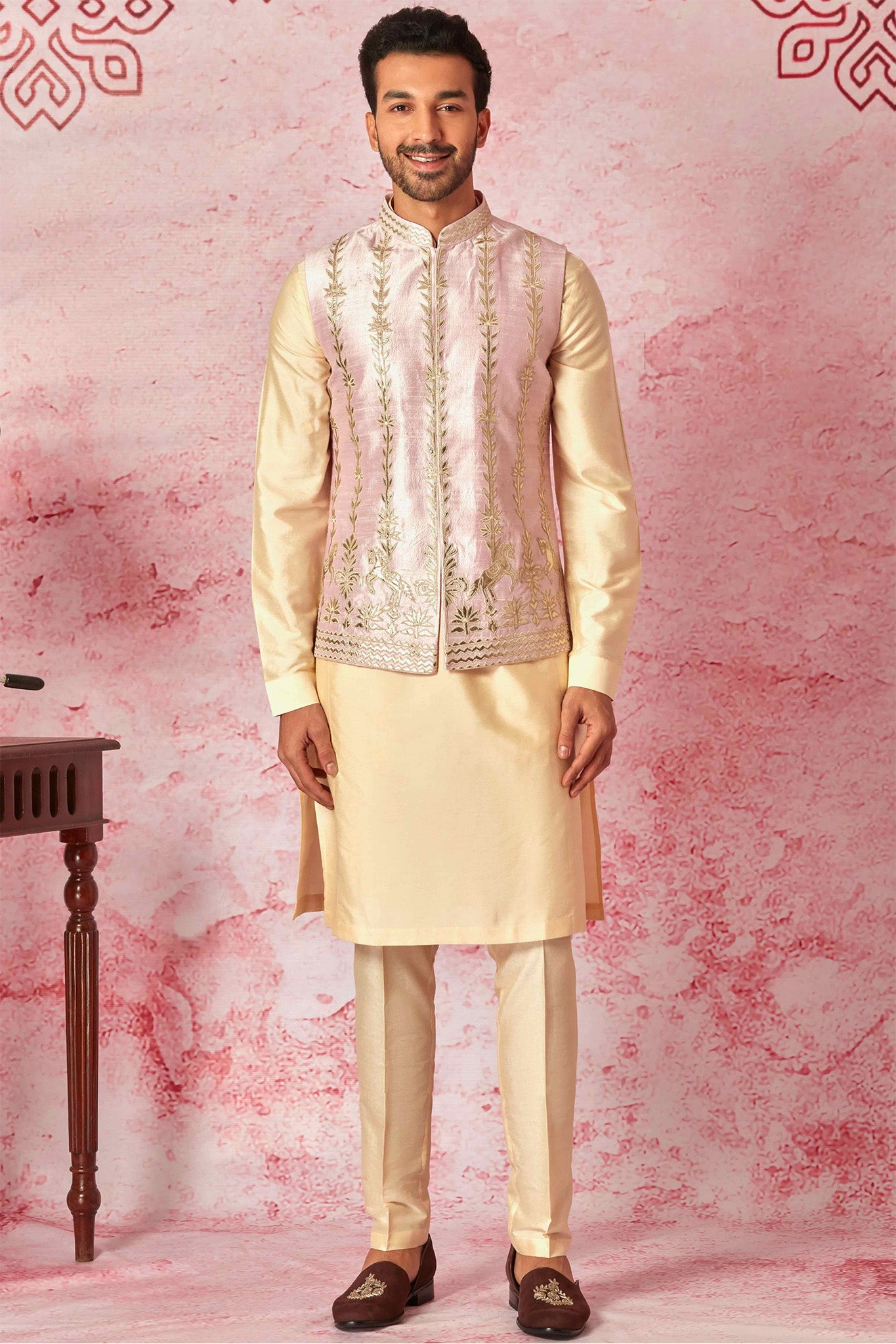 Pink Raw Silk Bundi with Cotton Silk Kurta Set