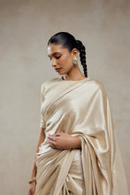 Load image into Gallery viewer, Ivory Monga Tissue Gold Striped Saree Set

