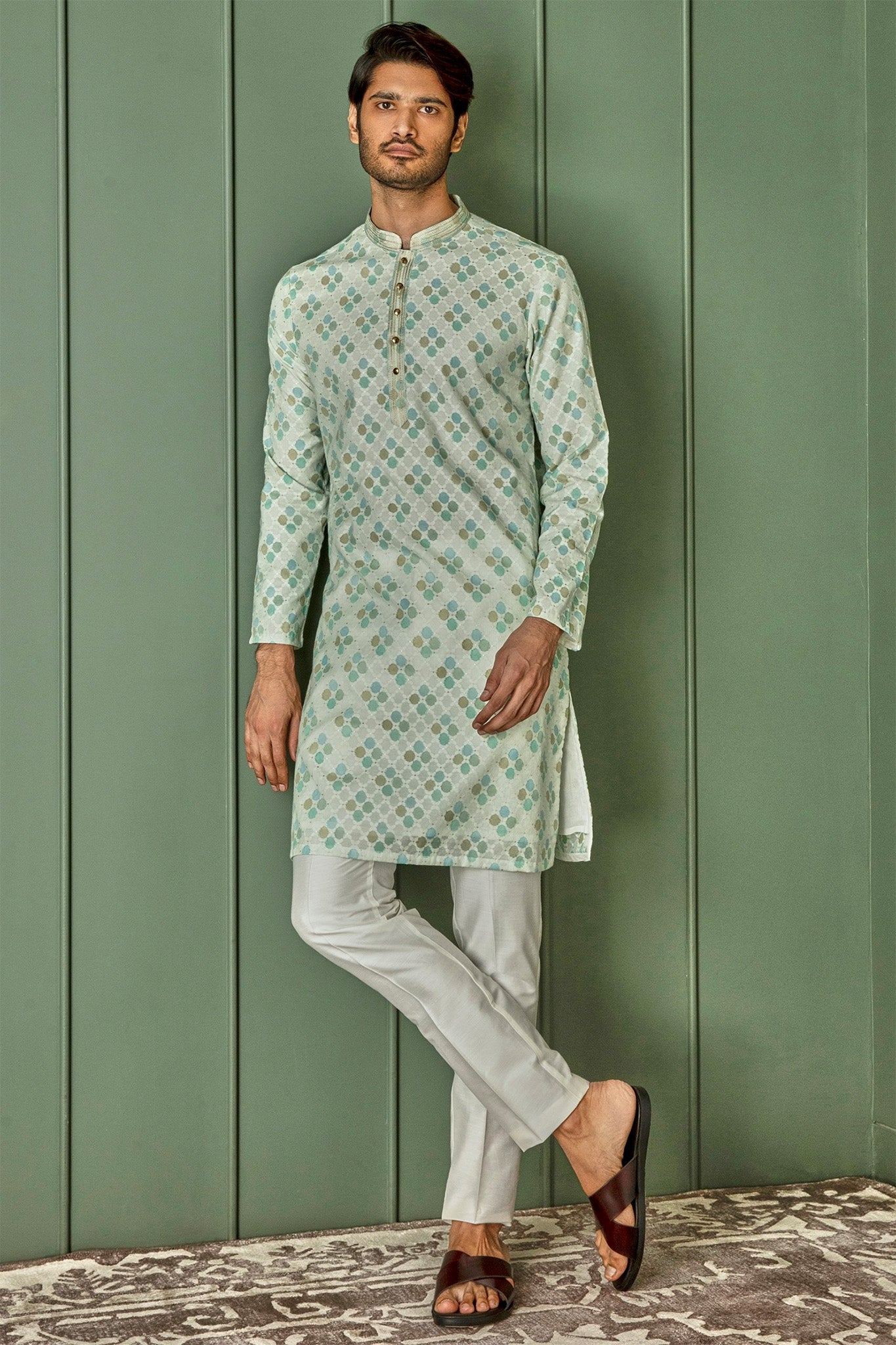 Pastel Delight Light Green Jaquard Round Design Kurta