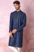 Load image into Gallery viewer, Indigo Charm Indigo Blue Chanderi Silk Kurta with Resham and Sequins in Panel Embroidery Floral Geometric

