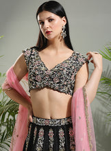 Load image into Gallery viewer, Black and Pink Thread and Mirror hand embroidered Lehenga set
