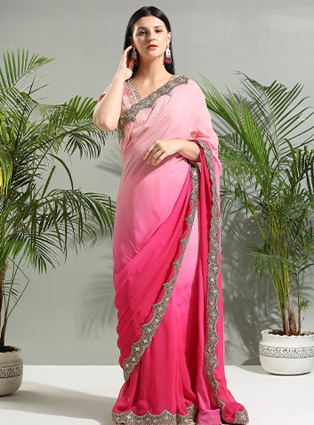 Pink shaded saree with floral blouse