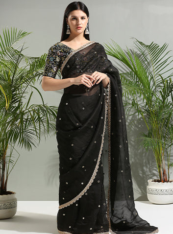 Black organza saree with embroidered blouse