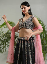 Load image into Gallery viewer, Black and Pink Thread and Mirror hand embroidered Lehenga set
