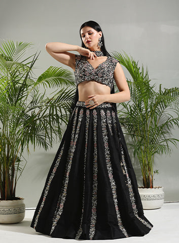 Black Thread and Mirror hand embroidered Lehenga set