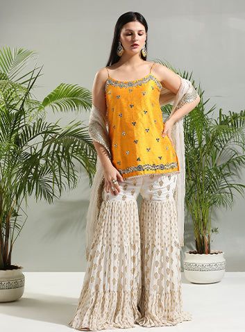 Yellow and Ivory sharara set