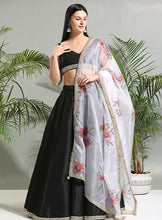 Load image into Gallery viewer, Black raw silk lehenga set with hand painted dupatta
