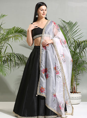 Black raw silk lehenga set with hand painted dupatta