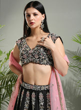 Load image into Gallery viewer, Black and Pink Thread and Mirror hand embroidered Lehenga set
