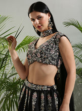 Load image into Gallery viewer, Black Thread and Mirror hand embroidered Lehenga set
