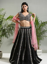 Load image into Gallery viewer, Black and Pink Thread and Mirror hand embroidered Lehenga set
