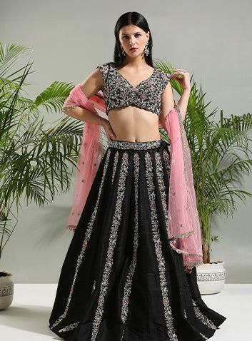 Black and Pink Thread and Mirror hand embroidered Lehenga set