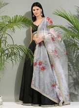 Load image into Gallery viewer, Black raw silk lehenga set with hand painted dupatta
