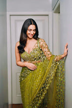 Load image into Gallery viewer, Predraped , mehendi green , hand embroidered net &amp; satin saree
