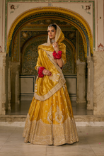 Load image into Gallery viewer, Aashina  - Dabka Zardozi Embroidered Pure Tissue Mustard Lehenga Set
