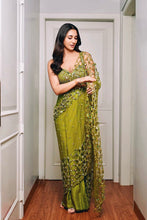 Load image into Gallery viewer, Predraped , mehendi green , hand embroidered net &amp; satin saree
