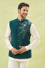 Load image into Gallery viewer, Teal Green Embroidered Nehru Jacket

