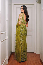 Load image into Gallery viewer, Predraped , mehendi green , hand embroidered net &amp; satin saree

