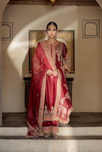 Load image into Gallery viewer, Zoya - Dabka Zardozi Embroidered Rich Banarasi Kalidaar Deep Red Long Chauga Set
