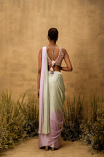 Load image into Gallery viewer, Mint green &amp; lilac ombre pre-draped modal satin saree with embroidered blouse
