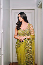 Load image into Gallery viewer, Predraped , mehendi green , hand embroidered net &amp; satin saree
