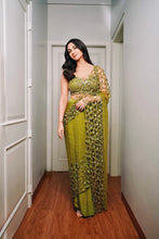 Load image into Gallery viewer, Predraped , mehendi green , hand embroidered net &amp; satin saree
