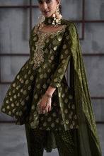 Load image into Gallery viewer, Olive green peplum, tulip salwar and Choker dupatta
