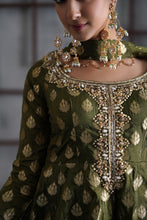 Load image into Gallery viewer, Olive green peplum, tulip salwar and Choker dupatta
