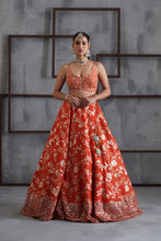 Load image into Gallery viewer, Orange embroidered bustier, banarsi lehenga and dupatta
