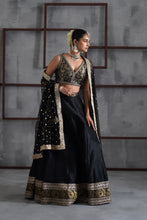 Load image into Gallery viewer, Black brocade blouse, lehenga and dupatta
